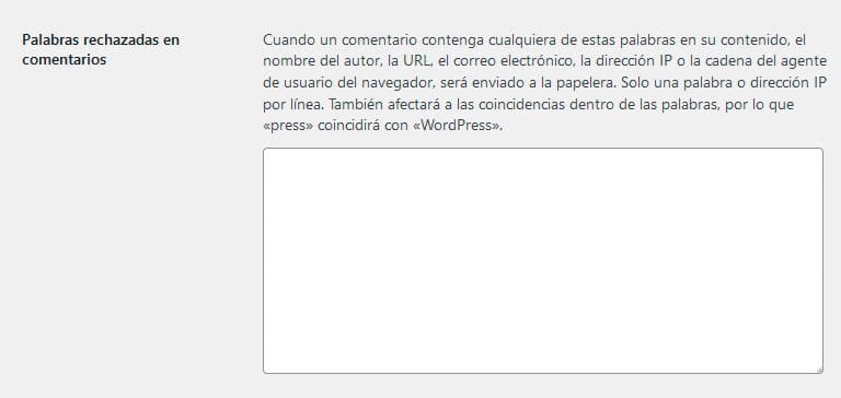 Ajustes de comentarios palabras rechazadas