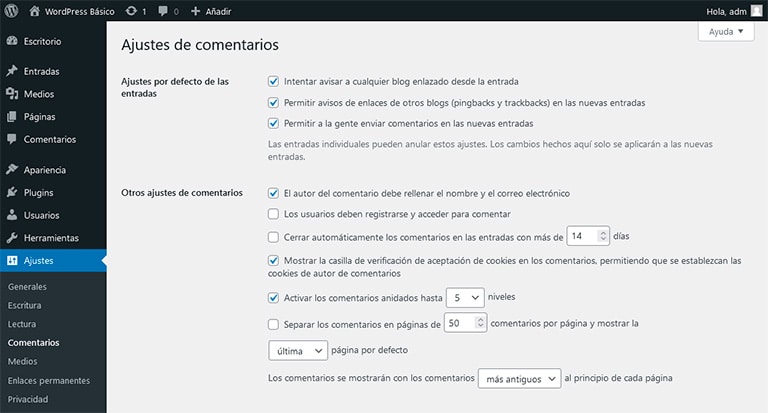 Ajustes comentarios WordPress