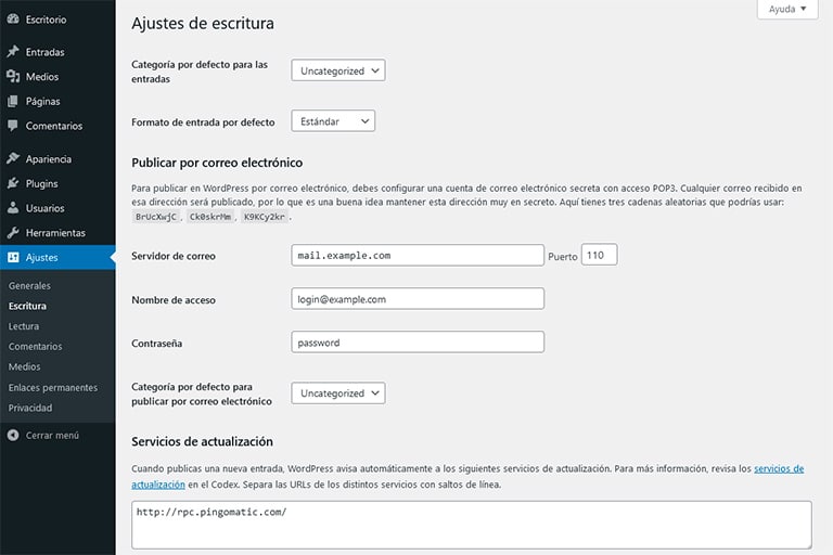 Ajustes escritura WordPress