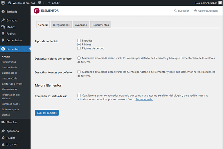 Ajustes general elementor pro