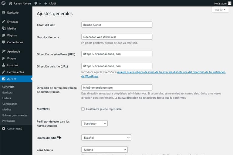 Ajustes generales WordPress