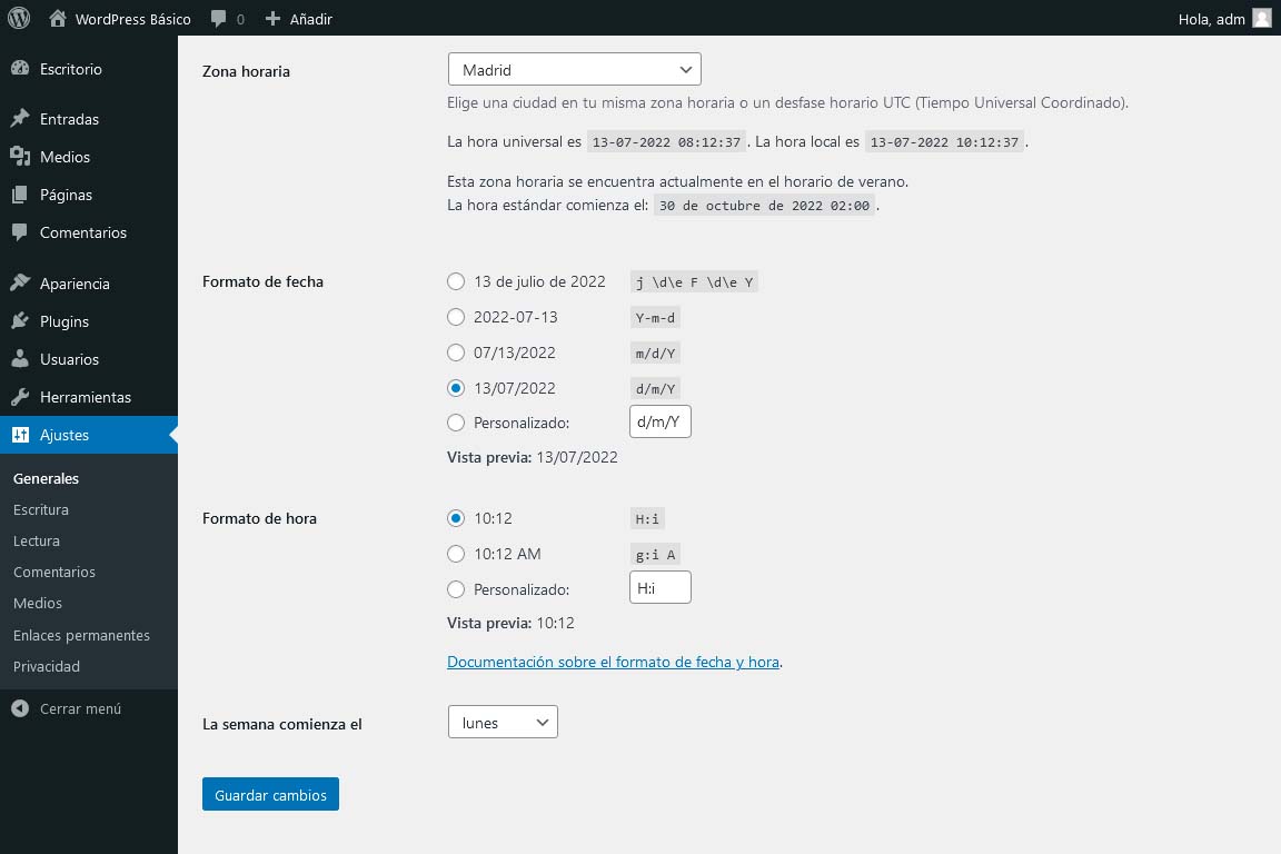 Ajustes generales WordPress