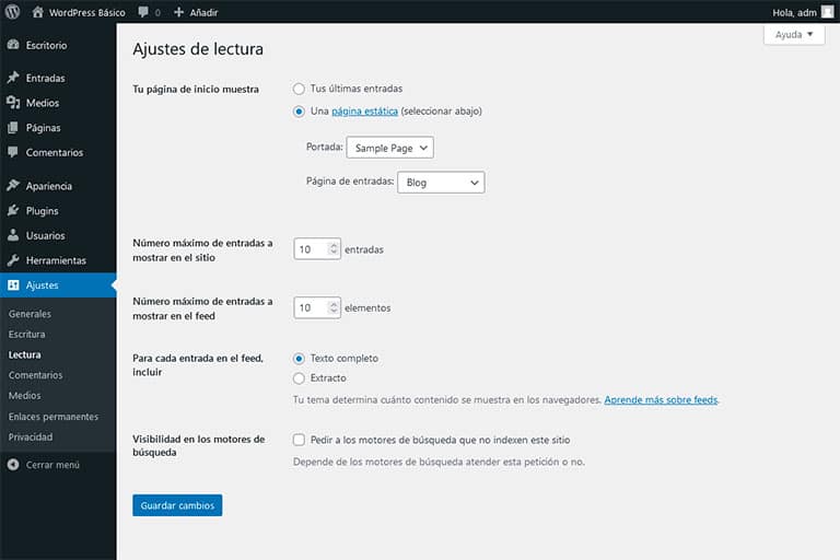 Ajustes lectura WordPress