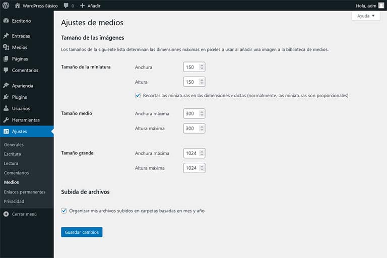 Ajustes medios WordPress
