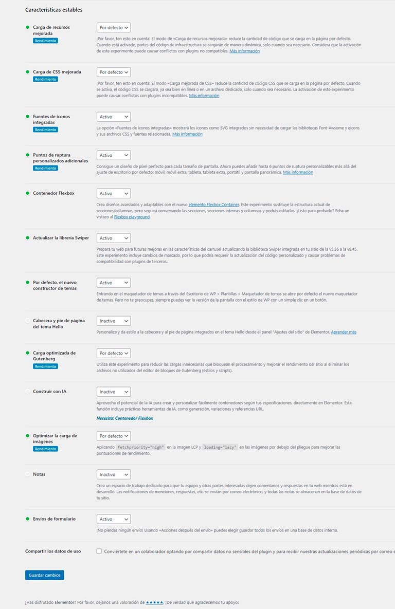 Ajustes Elementor - Características estables