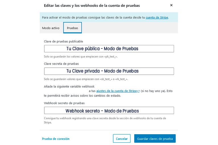 Claves modo de prueba