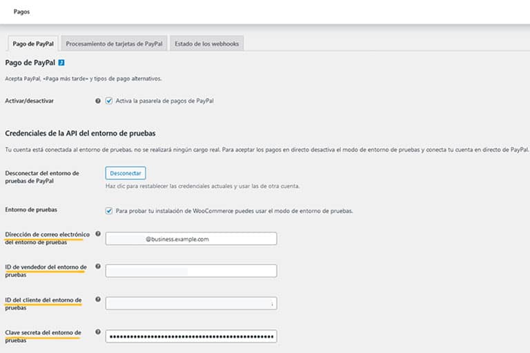 Configuración modo prueba