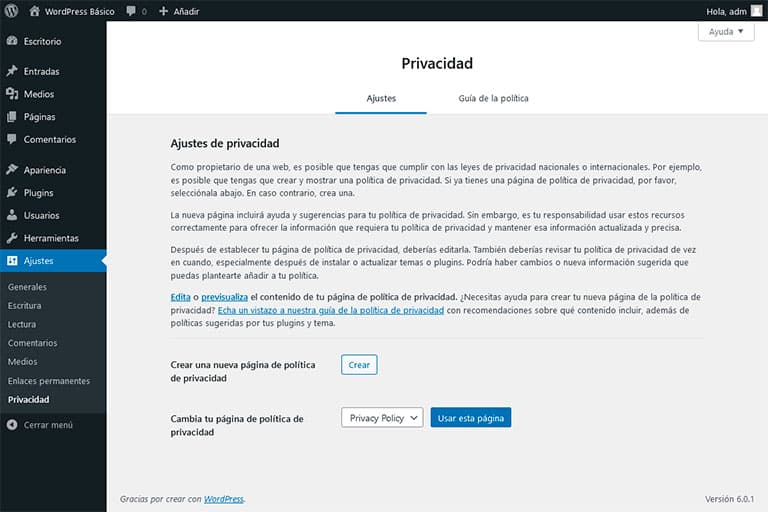 Ajustes privacidad WordPress