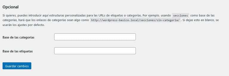 Configuración enlaces permanentes - opciones