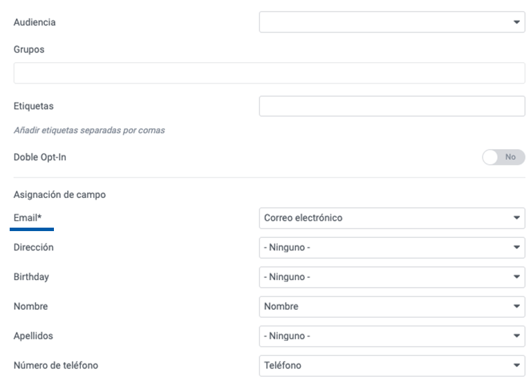 Parámetros de configuración de MailChimp