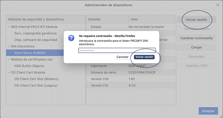 Obtener el certificado con DNIe en Mac 1 Cargar el módulo e iniciar sesión con el DNIe