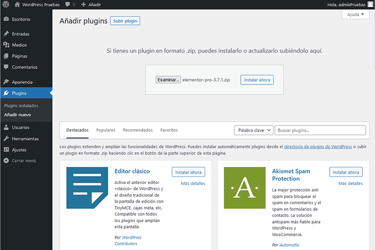 Instalación de elementor pro