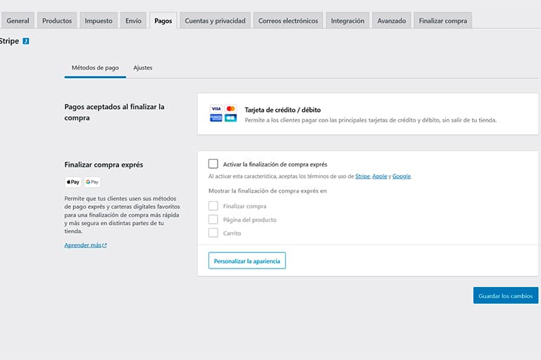 Cómo configurar Stripe en Woocommerce 11 Configuración métodos de pago Stripe