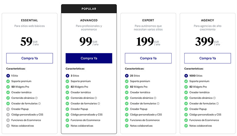 Planes Elementor Pro