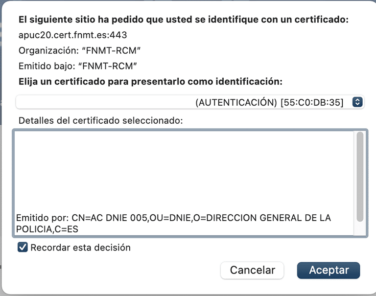 Obtener el certificado con DNIe en Mac 2 Seleccionar certificado de autenticación