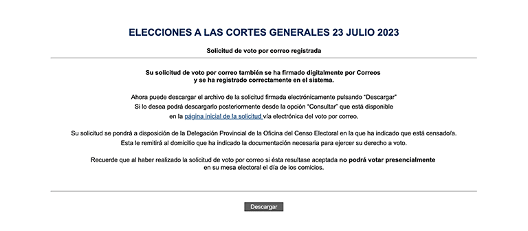 Solicitud del voto por correo aceptada