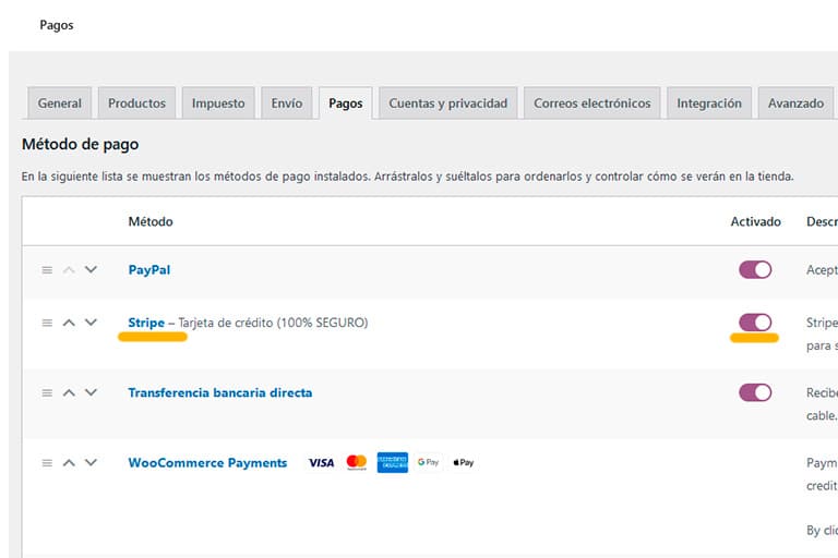 Cómo configurar Stripe en Woocommerce 10 Activar Stripe