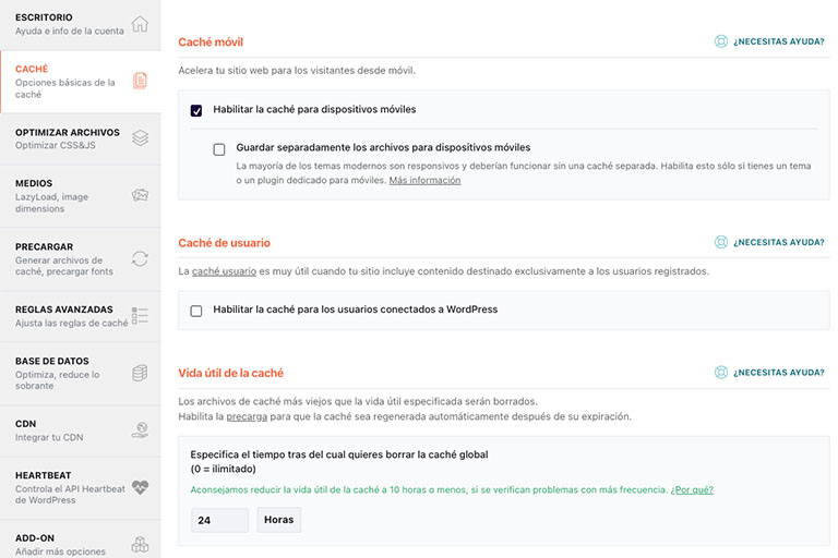 Configuración caché WP Rocket