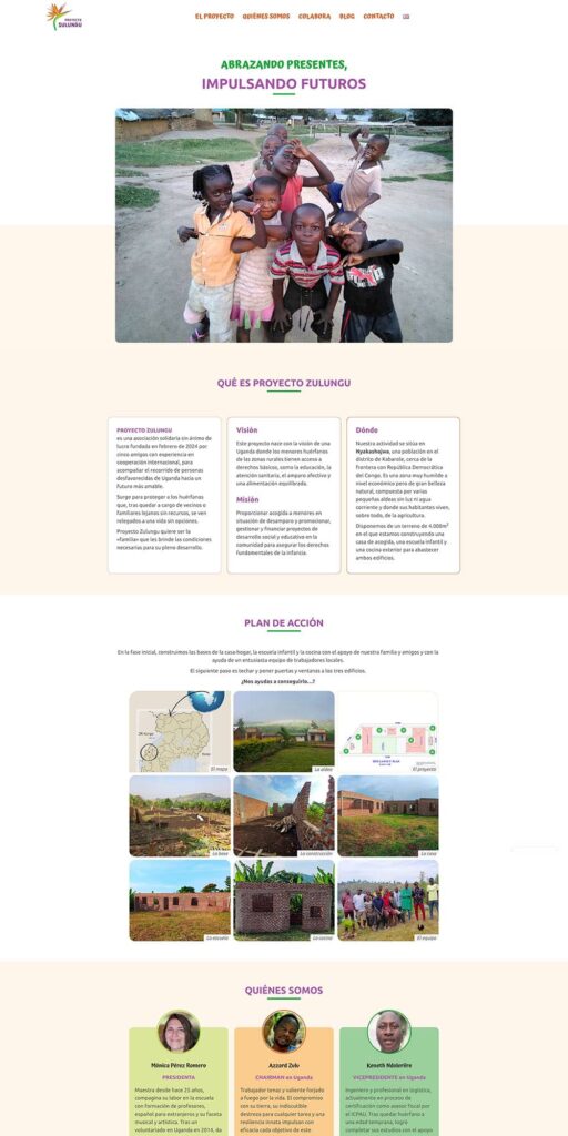 Diseño de la página web principal de Proyecto Zulungu, asociación de ayuda a niños huérfanos en África.